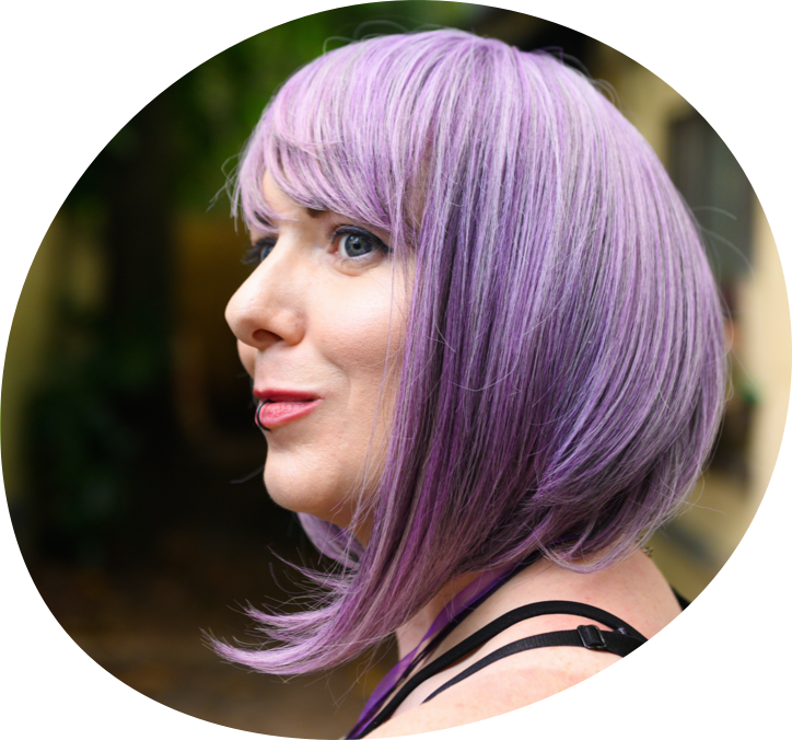 Middle aged white woman with blue hair